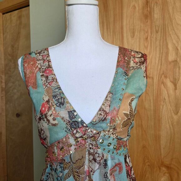 y2k Rampage Bohemian printed sequin v neck Blouse boho - Picture 3 of 4